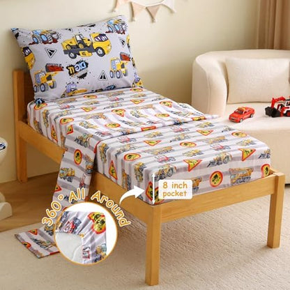 Mooreeke Toddler Bedding Sets for Boys, 4 Pieces Grey Heavy-Duty Vehicles