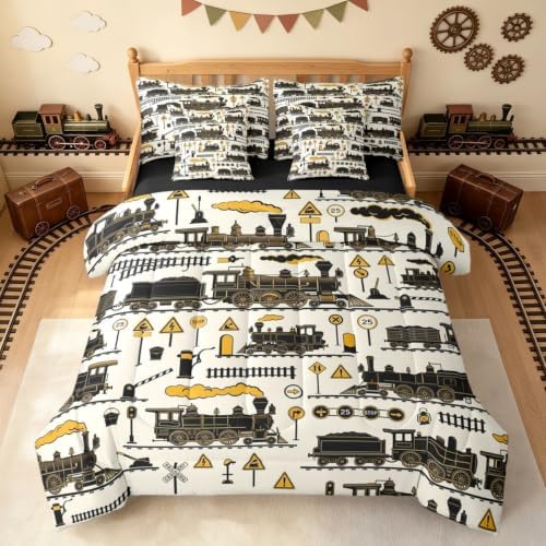 Erosebridal 7 Pcs Cartoon Steam Train Kids Bedding Set Queen Size Funny Train Comforter Set with Sheets for Boys Teens Men Retro Transport Vehicle Bed in A Bag Steampunk Railway Aesthetic Bed Sets