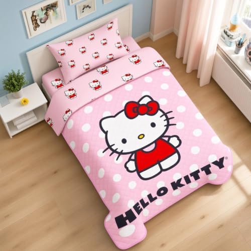 Hello Kitty Sheet Set - Bundle of Bedding with Bedspread, Flat Sheet, Fitted Sheet, and Pillowcase for Twin Bed, More | Bedroom Decor