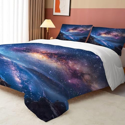 Galaxy Comforter Set Twin Size Space Bedding for Kids Girls Boys Mountain Planet Stars Moon Bedroom Decor Quilt Bed Sets, 1 Comforter 1 Pillowcase