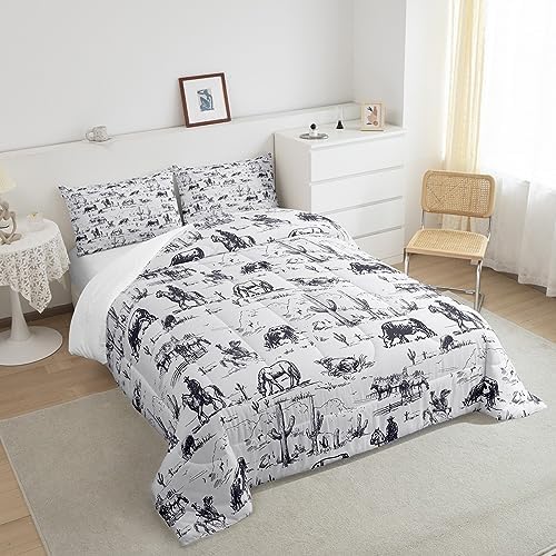 Feelyou Western Comforter Set Twin Size, White and Black Cowboy Cow Bedding Set Cowboy Comforter Desert Cactus Duvet Set Soft Bed Set 2Pcs
