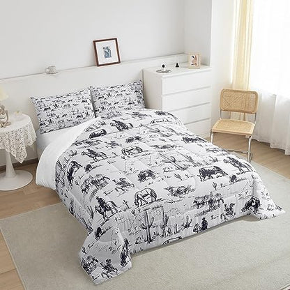 Feelyou Western Comforter Set Toddler Size, White and Black Cowboy Cow Bedding Set Cowboy Comforter Desert Cactus Duvet Set Soft Bed Set 2Pcs