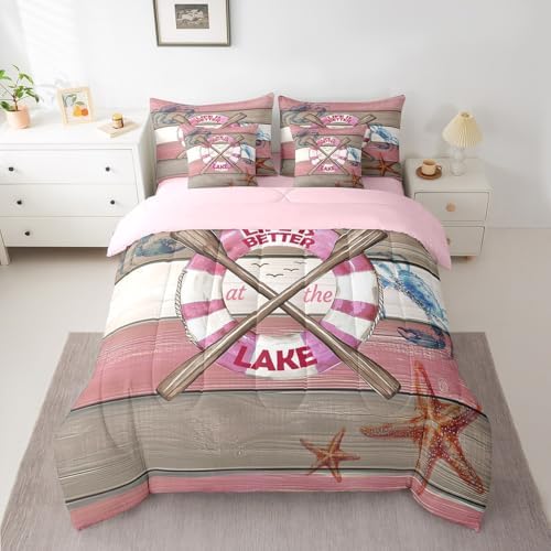 Erosebridal Lake Life Bedding Set for Kids Teens,Summer Boat Paddle Comforter Set Twin Size,Crab Starfish (Comforter+Fitted+Flat Sheet+2 Pillowcases+2 Throw Pillow Covers) 7 Pieces Bed Set