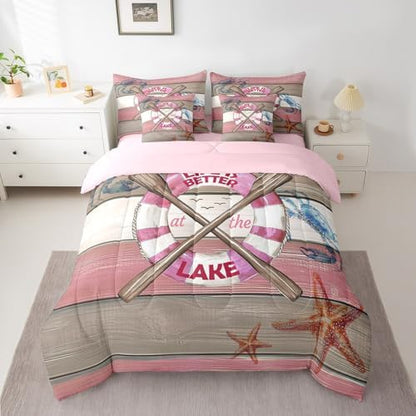 Erosebridal Lake Life Bedding Set for Kids Teens,Summer Boat Paddle Comforter Set Twin Size,Crab Starfish (Comforter+Fitted+Flat Sheet+2 Pillowcases+2 Throw Pillow Covers) 7 Pieces Bed Set