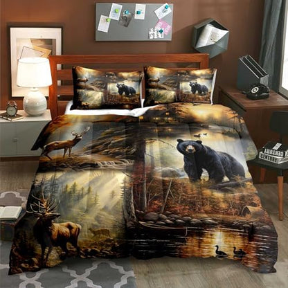 LUVIVIHOME 3PCS Black Bear Deer Comforter Set Full Size, Elk Moose Mallard Duck Woodland Forest Animal Wildlife Hunting Camo Hunter Country Lodge Rustic Farmhouse Cabin Bedding Sets, 2 Pillow Shams