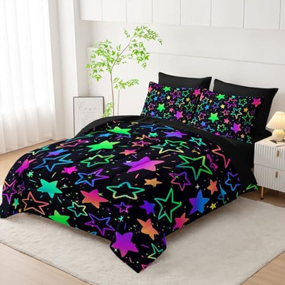 7Pcs Comforter Set Colorful Stars Printed Bedding Set with 1 Comforter, 1 Flat Sheet, 1 Fitted Sheet and 4 Pillowcases for Boys and Girls Bedroom (Stars King