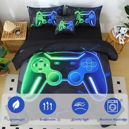 Game Console Boys Comforter Set Full Size 6-Piece Gaming Bedding Set for Kids Teens Ultra Soft Fluffy 3D Gamer Gamepad Bed in A Bag with Sheets (Green Blue, Full)