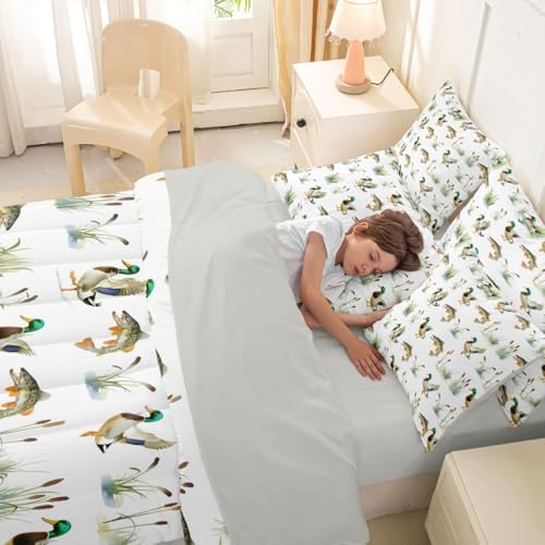 Erosebridal Mallard Duck 7 Piece Bed in A Bag Twin Comforter Set Bass Fish Hunting Bedding Set for Girls Kids Wild Duck Reed Woodland Sheet Set with Comforter Pike Fish Waterfowl Quilt Duvet