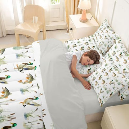 Erosebridal Mallard Duck 7 Piece Bed in A Bag Twin Comforter Set Bass Fish Hunting Bedding Set for Girls Kids Wild Duck Reed Woodland Sheet Set with Comforter Pike Fish Waterfowl Quilt Duvet
