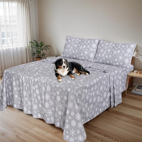 RUVANTI Flannel Sheets Set California King Size, Snowflakes