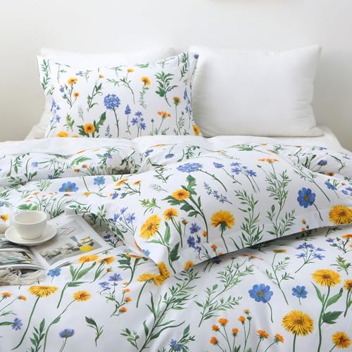 Mooreeke Floral King Size Comforter Sets, Dandelion Floral Botanical Patterned Bedding for All Seasons, 3-Piece Vintage Bed in a Bag with Fluffy Quilted Reversible Comforter & 2 Pillow Shams