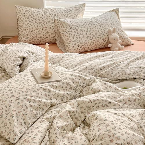 Boho Floral Duvet Cover Twin XL Aesthetic Cotton Floral Bedding Set Off White Vintage Garden Floral Comforter Cover Pink Flower Botanical French Style Duvet Cover Cottagecore Bedding Set Twin XL