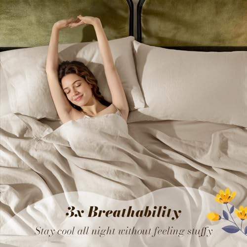 SONORO KATE 100% French Linen Queen Size Sheets Set,Natural Flax Bedding