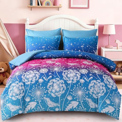 Dinjoy Girls Comforter Set 5 Pieces, Twin Size Colorful Ombre Rainbow Bedding Set, Bed in A Bag for Kid Teen Girls (1 Comforter, 1 Flat Sheet, 1 Fitted Sheet, 1 Pillow Shams, 1 Pillowcases)