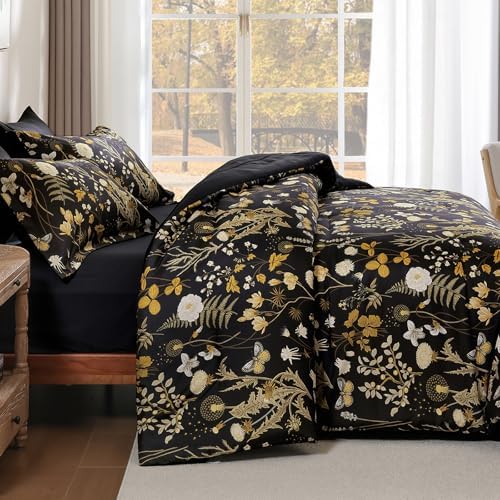 King Size Comforter Set, 7 Pieces Black Brown Floral Soft Bedding Sets Fall