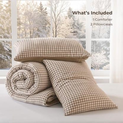 Litanika Velvet Flannel Gingham Comforter Set King, 3 Pcs Tan Bedding