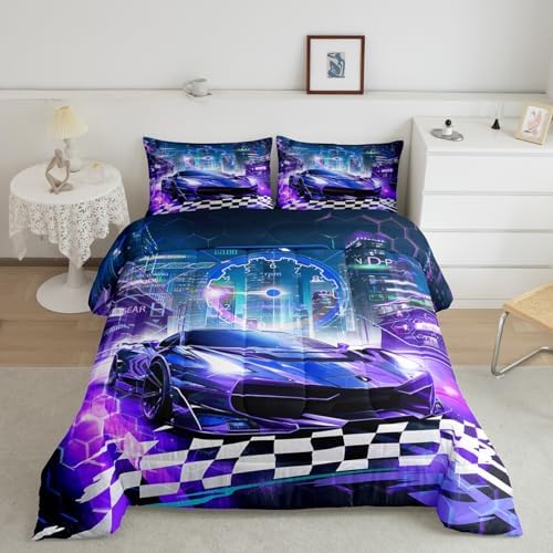 Feelyou Boys Purple Race Car Full Size Bedding Set Kids Racing Car Decor Comforter Extreme Sports Car Comforter Set for Teens Honeycomb Grid Car Comforter Quilt Set Car Room Decorations