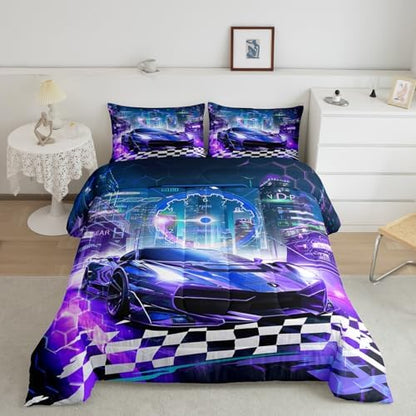 Feelyou Boys Purple Race Car Full Size Bedding Set Kids Racing Car Decor Comforter Extreme Sports Car Comforter Set for Teens Honeycomb Grid Car Comforter Quilt Set Car Room Decorations
