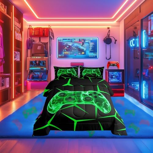 Castle Fairy Game Controller Comforter Set Toddler Size 2 Pcs,Black Green Games Bedding Set,Geometric Honeycomb Gaming Quilt Set for Child Bedroom,Duvet Insert,1 Pillowcase