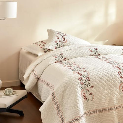 MarCielo 3Pcs Cotton European Folk Embroidered Quilt Bedspread Set Modern Farmhouse Style TC155