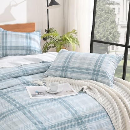 Andency Blue Plaid Comforter Set Queen, Gingham Checkered Grid Bedding Set