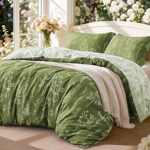 Love's cabin Olive Green Queen Comforter Set - Queen Size Comforter Set, 3 Pieces Cute Floral Bedding Sets for All Seasons,1 Soft Reversible Botanical Flowers Comforter and 2 Pillow Shams