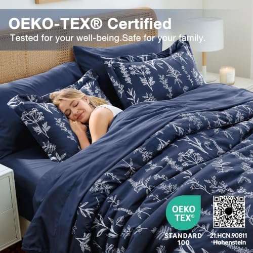 MUXHOMO Navy Blue Twin Comforter Set, Elegant Floral Print Bed in a Bag 5 Pieces, Ultra Soft & Breathable Reversible Botanical Pattern Bedding Set with Comforter, Sheets, Pillowcase, and Sham
