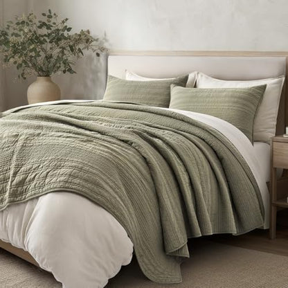 EVERGRACEHOME 100% Cotton Modern Lines Quilt Set King Size, Light Sage