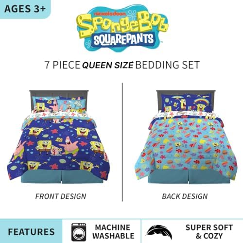 Spongebob Squarepants Kids Bedding Super Soft & Cozy Reversible Microfiber Comforter and Sheet Set with Sham, 7 Piece Queen Size, (Officially Licensed Product) By Franco