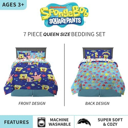 Spongebob Squarepants Kids Bedding Super Soft & Cozy Reversible Microfiber Comforter and Sheet Set with Sham, 7 Piece Queen Size, (Officially Licensed Product) By Franco