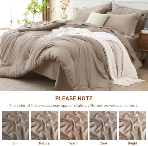 MUXHOMO 7 Pieces Queen Comforter Set, Soft Bed in a Bag Queen Size, All Season Bedding Set with Comforter, Flat Sheet, Fitted Sheet, Pillowcases & Shams, Linen