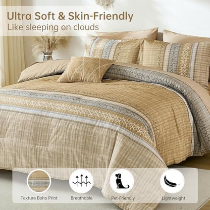 Dintszyayue Khaki Queen Comforter Size Set, 8 Pieces Striped Boho Texture Bed in a Bag Sets, Lightweight Soft Bohemian Comforter and Sheet Set, All Season Microfiber Bedding Sets for Men Women