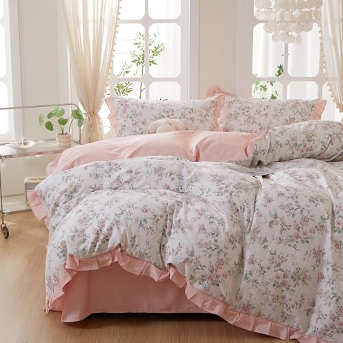VM VOUGEMARKET Pink Ruffle Floral Duvet Cover Set Queen,Peach Pink Flower Bedding Set 100% Cotton Reversible Pink Stripes Duvet Cover with Zipper & Ties,90"x90"