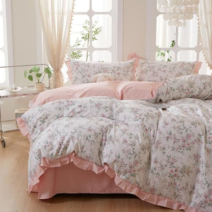 VM VOUGEMARKET Pink Ruffle Floral Duvet Cover Set Queen,Peach Pink Flower Bedding Set 100% Cotton Reversible Pink Stripes Duvet Cover with Zipper & Ties,90"x90"