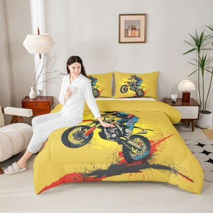Feelyou Bright Yellow Motocross Kids Comforter Set Queen Colorful Rider Bedding Set Splatter Print Duvet Quilt for Kids Boys Girls Bedroom Off-Road Racing Decor Dirt Bike Ultra Soft Breathable