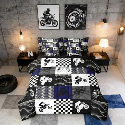 Erosebridal Dirt Bike Queen Comforter Set 7 Pieces, Motocross Rider Bed in A Bag, Motorcycle Grunge Bedding Set with Comforters, Sheets, Pillowcases Motorbike Extreme Sport Game Buffalo Plaid