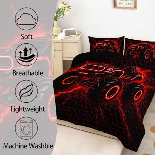 AILONEN Queen Comforter Set 3 Piece, Red Neon Off Road Truck 3D Printed Bedding with 2 Pillowcases, Soft Lightweight Microfiber Electric Graphic Decor for Master Suite