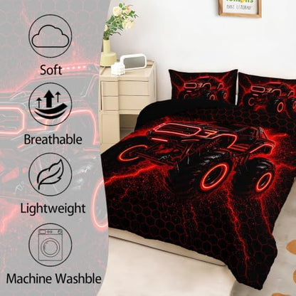 AILONEN Queen Comforter Set 3 Piece, Red Neon Off Road Truck 3D Printed Bedding with 2 Pillowcases, Soft Lightweight Microfiber Electric Graphic Decor for Master Suite