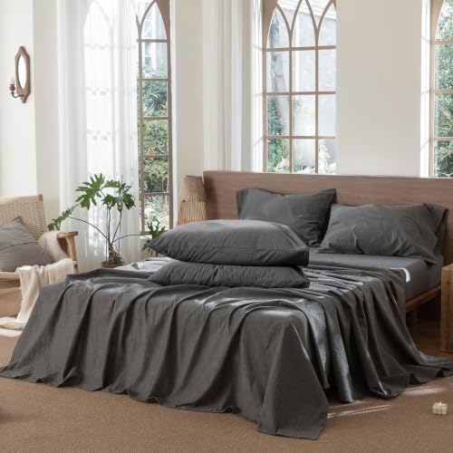 MooMee Sheet Set 100% Washed Cotton Linen-Like Extra Deep Pocket Queen