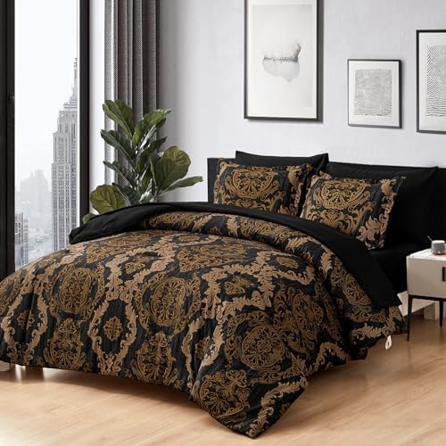 WONGS BEDDING Black Comforter Set King Size, Gold Damask Texture 7 Pieces Bed in a Bag Microfiber Comforter Bedding Sets -1 Comforter, 1 Flat Sheet, 1 Fitted Sheet, 2 Pillow Shams, 2 Pillowcases