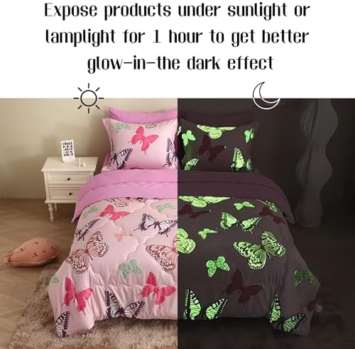Pink Girls Butterfly Bedding Comforter Set Twin Size 7 Piece Glow in The Dark Butterfly Comforter with Sheets & Pillowcases Soft Microfiber Bed in A Bag for Kids Teens All Season