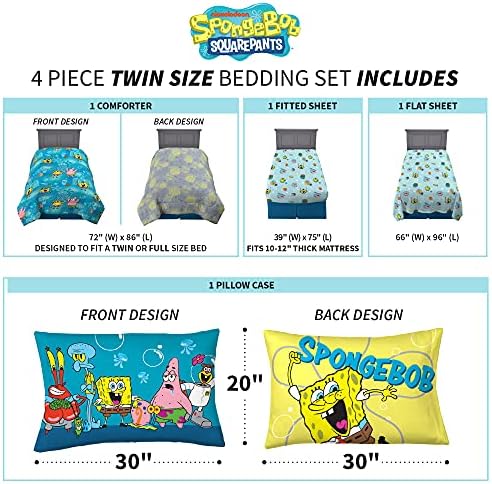 Franco Kids Bedding Super Soft Comforter and Sheet Set, 4 Piece Twin Size, Spongebob