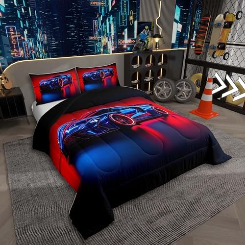 Erosebridal Boys Race Car Toddler Size Bedding Set Kids Racing Car Comforter for Teen Boys 3D Red Blue Sports Cars Bedding Comforter Sets,Cars Racing Games Duvet,Cama De Carro para Niños Decoración