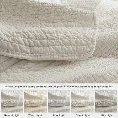 palassio Striped Beige 100% Cotton Quilt Queen Size Bedding Sets, Lightweight Crinkly Channel Pick Stitch Textured Bedspread Soft Shabby Chic Farmhouse Country Coverlet for All Season, 2 Shams