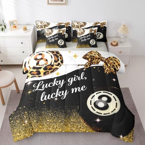 Erosebridal Leopard Print Lucky 8 Ball 7 Piece Bedding Set Full Size,Preppy Cheetah Bow Comforter Set For Kids Adults,Fashion Trendy Y2K Bed In A Bag With Sheets Black Golden Luxurious Sequins Bed Set