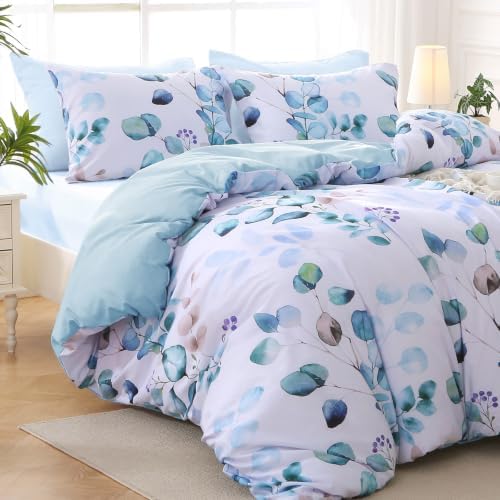 MUXHOMO Full Comforter Set, Blue Elegant Floral Print Bed in a Bag 7 Pieces, Ultra Soft & Breathable Reversible Botanical Pattern Bedding Set with Comforter, Sheets, Pillowcases, and Shams