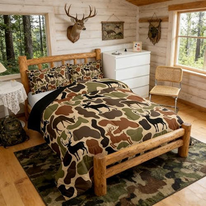 Homewish Deer Camo Comforter Set Queen Size,Army Green Camouflage Bedding Sets 3Pcs for Kids Women Room Decor,Hunting Deer Quilted Duvet Hunt Wild Animals Down Comforter,2 Pillowcases