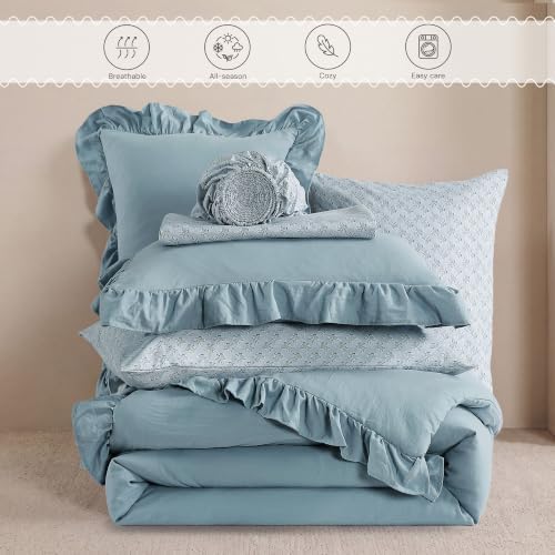 BLOOMHAVEN Queen Comforter Set-7 Pieces Ruffle Bedding with Floral Sheet