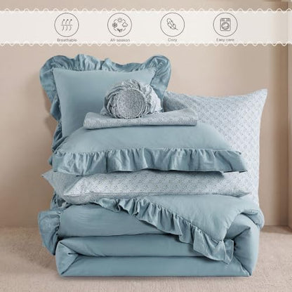 BLOOMHAVEN Queen Comforter Set-7 Pieces Ruffle Bedding with Floral Sheet