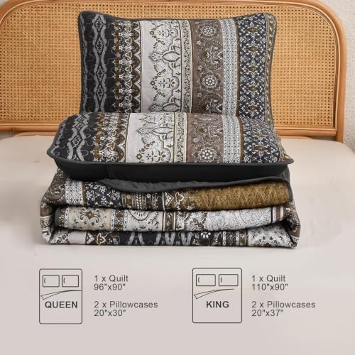 WONGS BEDDING Boho Quilt King Size,3 Pcs Bedspread Set, Brown